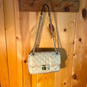 Michael Kors Large Chain Sloan Metallic Pewter Pale Gold Leather Cross Body Bag